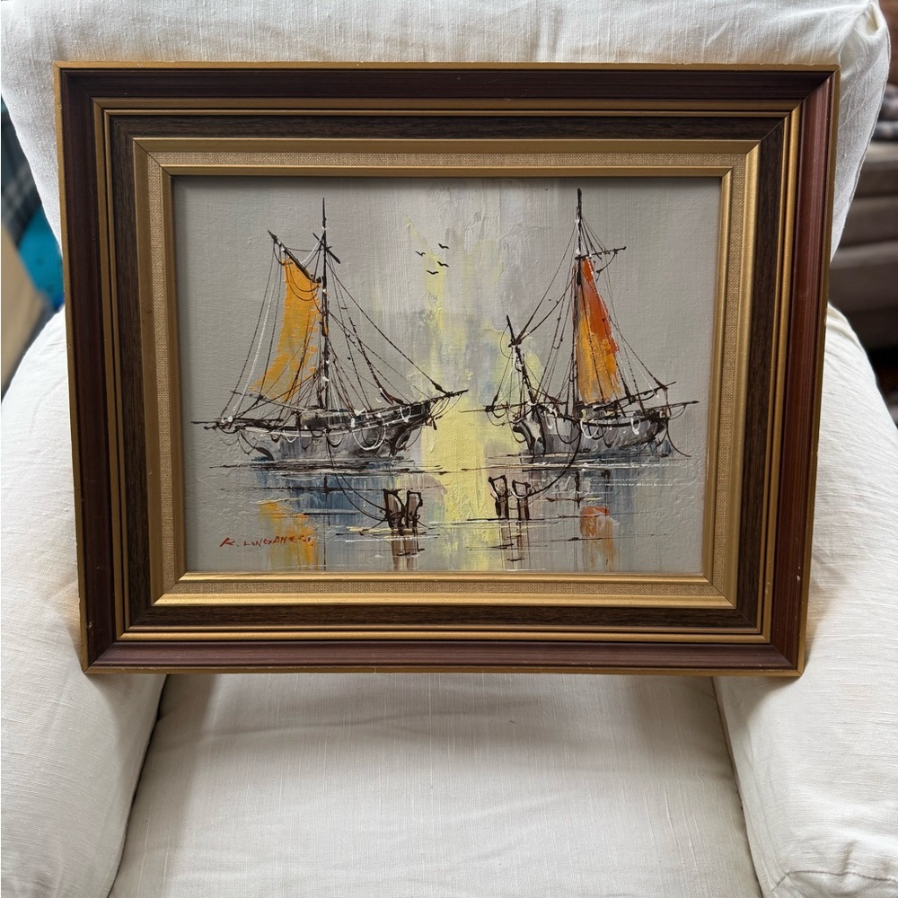 Vintage MCM signed framed Renato Longanesi boat painting - Picture 2 of 10